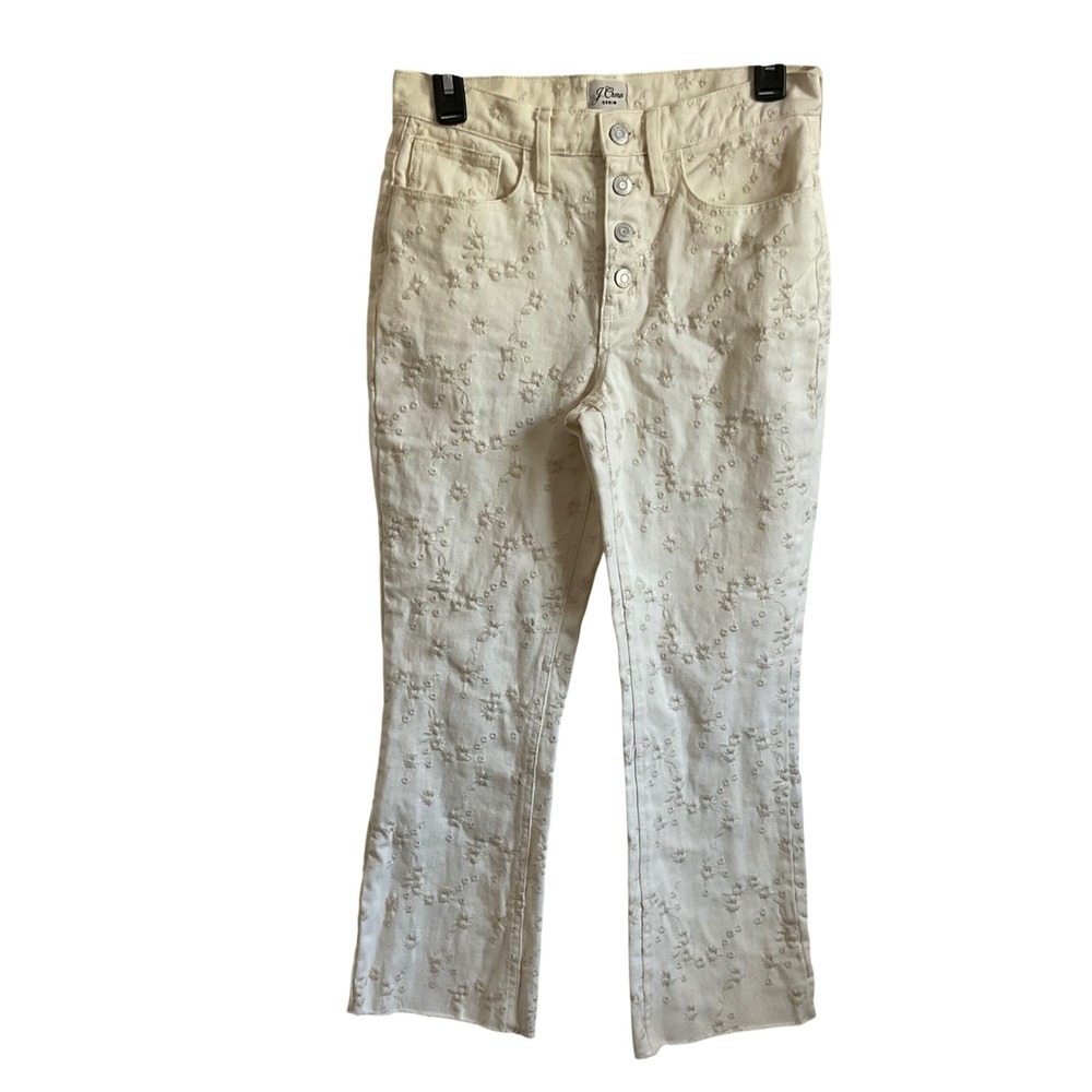 J. Crew Billie Demi Boot Crop Off White Eyelet Embroidered Button Fly Jeans - 25